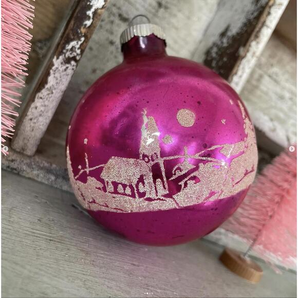 Vintage Pink Shiny Brite Glass Ornament Stencil Winter Church Valentine Jumbo - Picture 1 of 4
